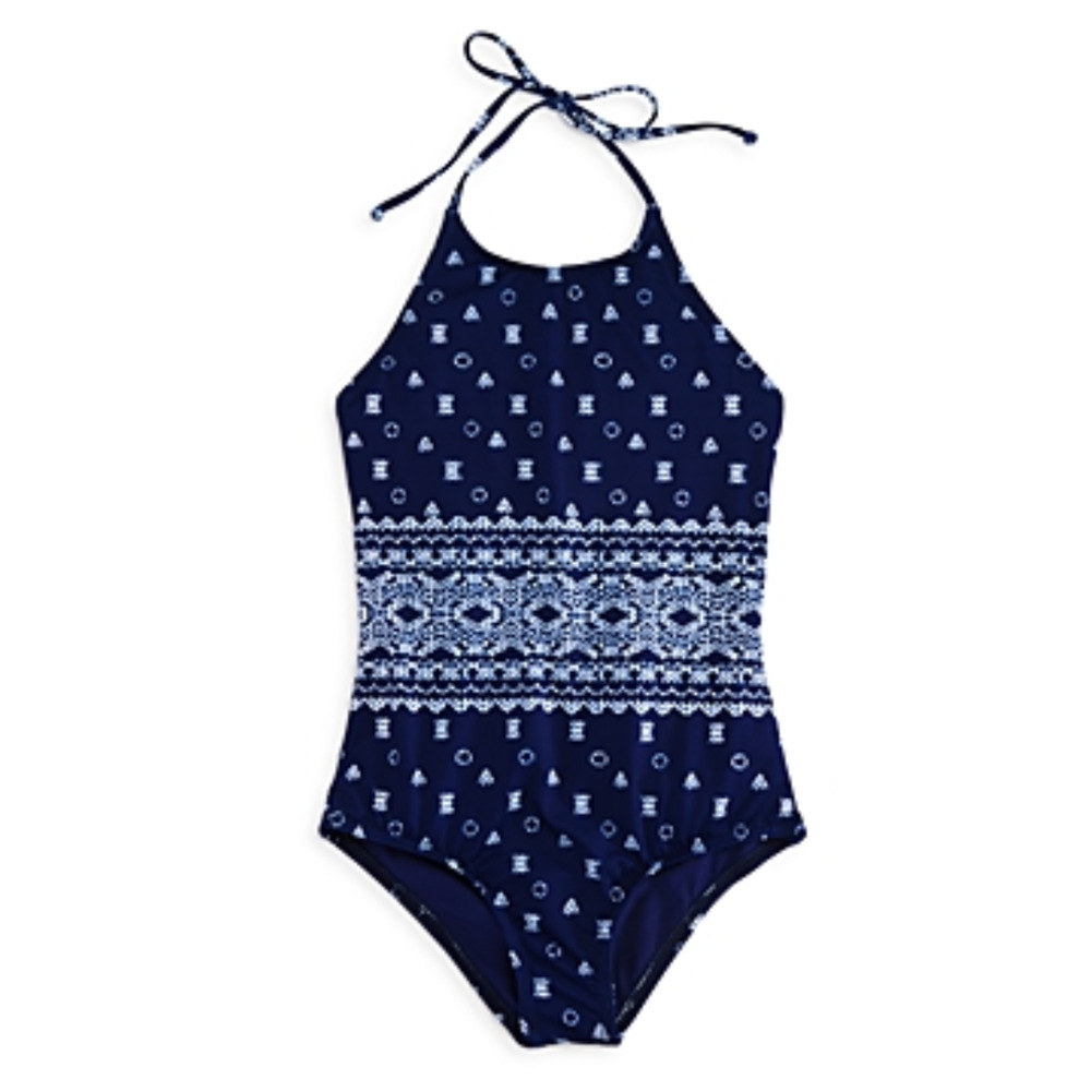 Splendid Girls Boarder Stripe Halter Swimsuit Navy Size 7